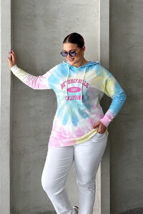 Büyük Beden Batik Desenli Kapüşonlu Baskılı İnce Sweatshirt 303144