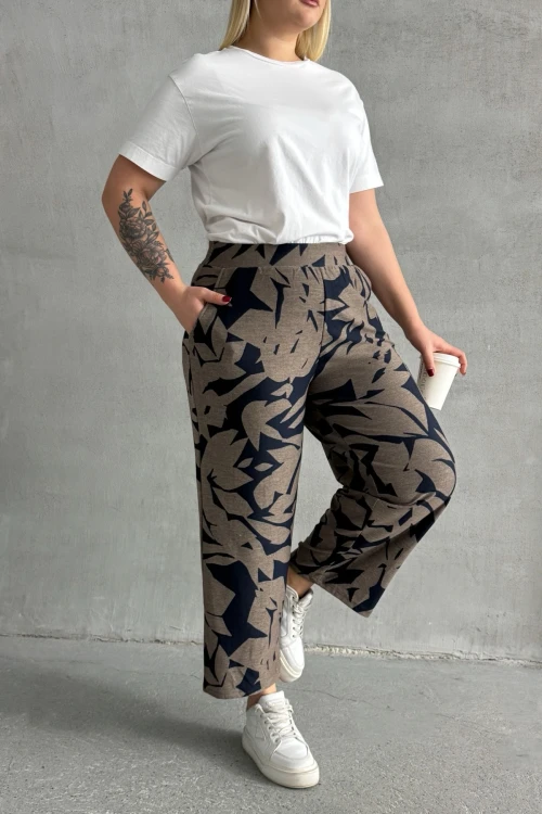 Büyük Beden Beli Lastikli Bol Paça Desenli Cepli Pantolon 74-109