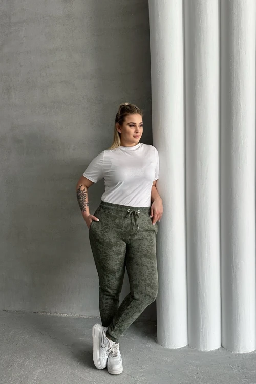 Büyük Beden Beli Büzgülü Dar Paça Cepli Desenli Pantolon 304055