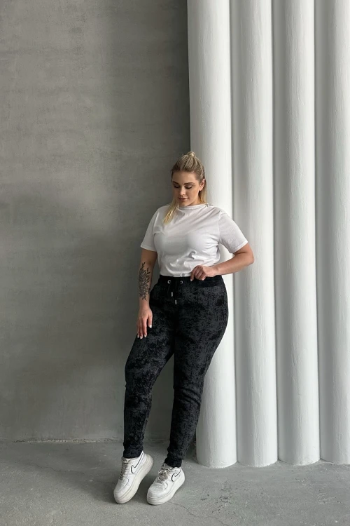 Büyük Beden Beli Büzgülü Dar Paça Cepli Desenli Pantolon 304056