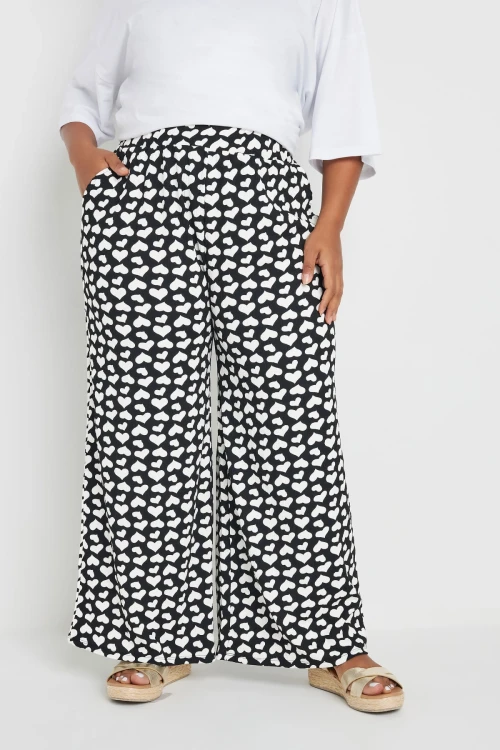 Büyük Beden Beli Lastikli Bol Paça Kalp Desenli Cepli Pantolon 303492