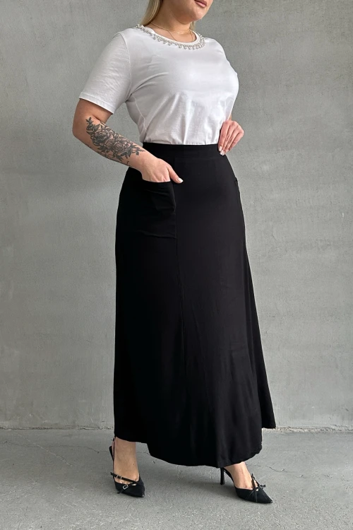 Büyük Beden Beli Lastikli Cep Detaylı Uzun Kesim Etek 160051