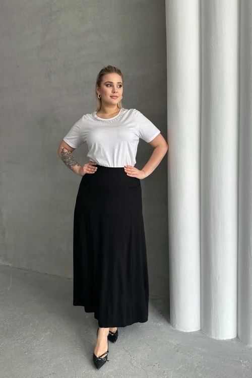 Büyük Beden Beli Lastikli Cep Detaylı Uzun Kesim Etek 160051