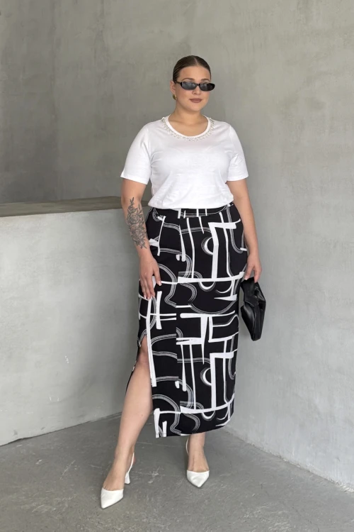 Büyük Beden Beli Lastikli Soyut Desenli Yırtmaç Detaylı Uzun Etek 98-120