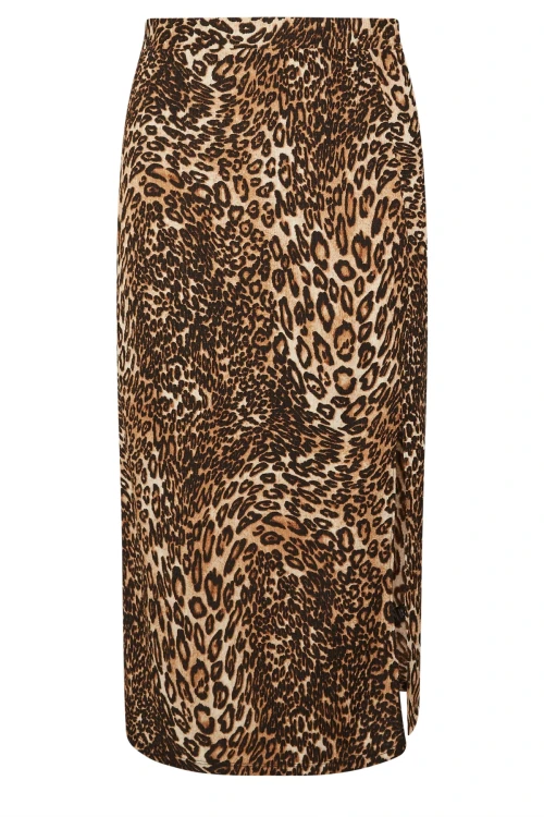 Büyük Beden Beli Lastikli Yırtmaçlı Leopar Desenli Midi Boy Etek 303706