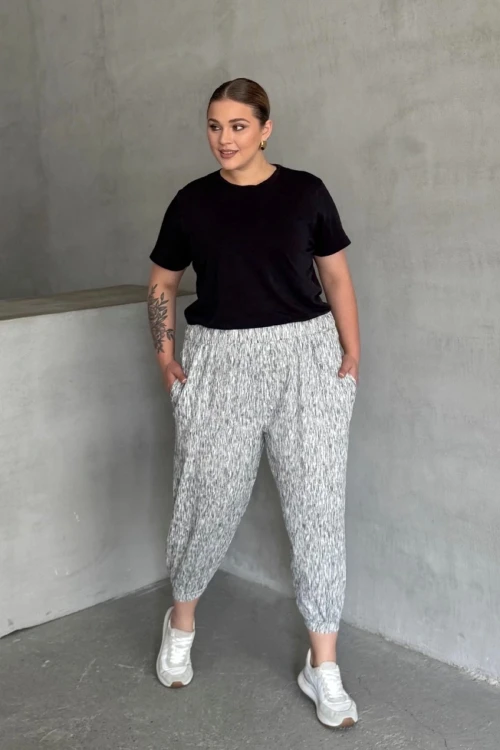 Büyük Beden Beli ve Paçası Lastikli Cepli Bol Pantolon 88-177