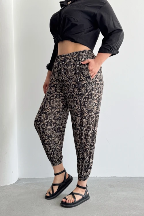 Büyük Beden Beli ve Paçası Lastikli Cepli Desenli Şalvar Pantolon 74-75