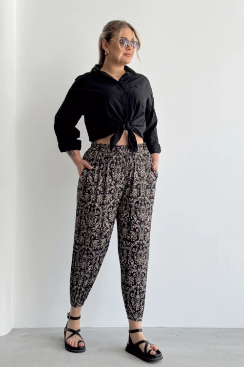 Büyük Beden Beli ve Paçası Lastikli Cepli Desenli Şalvar Pantolon 74-75