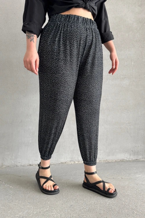 Büyük Beden Beli ve Paçası Lastikli Cepli Desenli Şalvar Pantolon 74-73