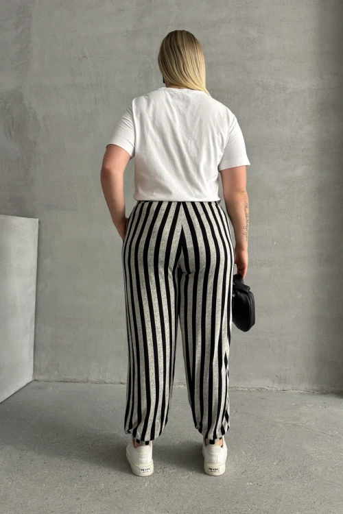 Büyük Beden Beli ve Paçası Lastikli Çizgili Cepli Pantolon 89-70