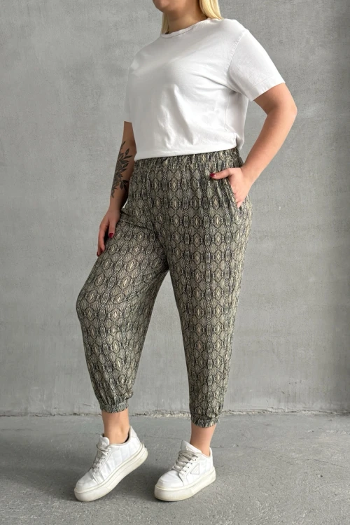 Büyük Beden Beli ve Paçası Lastikli Desenli Cepli Pantolon 303301