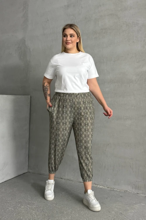 Büyük Beden Beli ve Paçası Lastikli Desenli Cepli Pantolon 303301