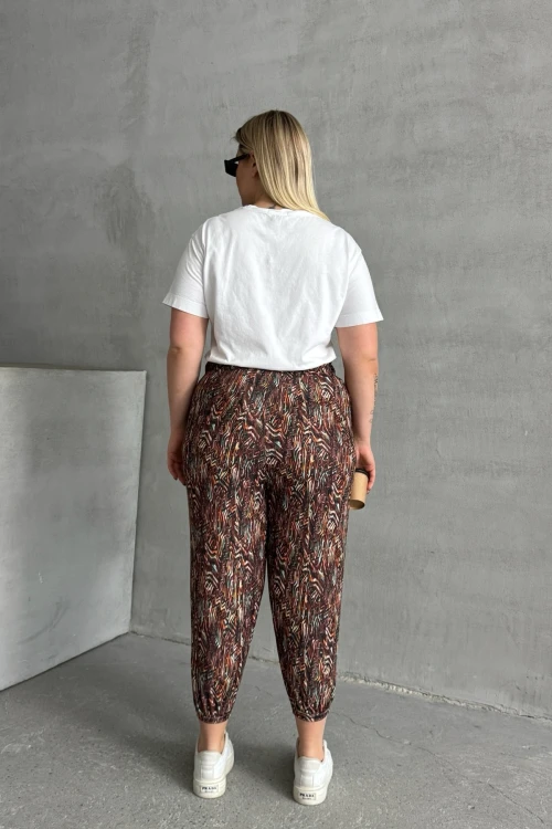 Büyük Beden Beli ve Paçası Lastikli Desenli Cepli Pantolon 74-77