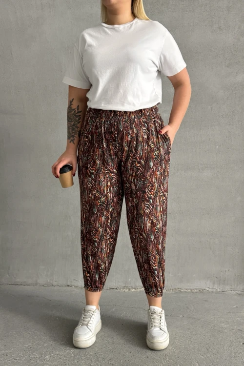 Büyük Beden Beli ve Paçası Lastikli Desenli Cepli Pantolon 74-77