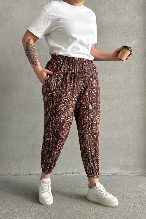 Büyük Beden Beli ve Paçası Lastikli Desenli Cepli Pantolon 74-77