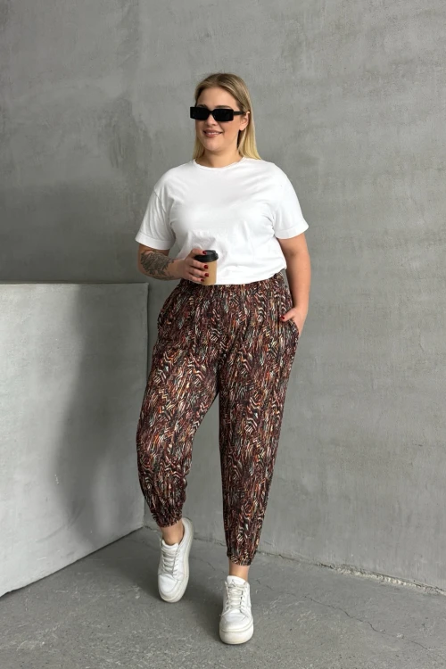 Büyük Beden Beli ve Paçası Lastikli Desenli Cepli Pantolon 74-77