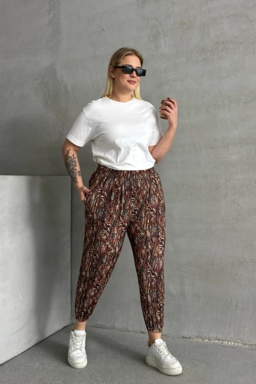 Büyük Beden Beli ve Paçası Lastikli Desenli Cepli Pantolon 74-77