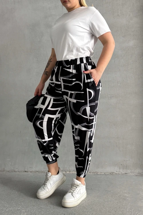 Büyük Beden Beli ve Paçası Lastikli Desenli Cepli Pantolon 98-4