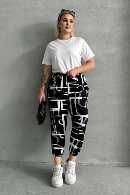 Büyük Beden Beli ve Paçası Lastikli Desenli Cepli Pantolon 98-4