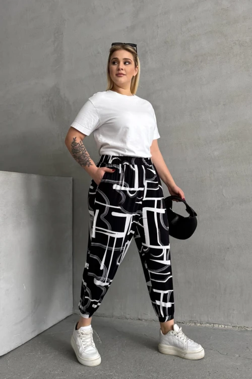 Büyük Beden Beli ve Paçası Lastikli Desenli Cepli Pantolon 98-4