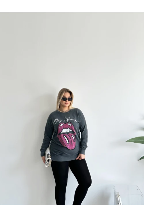 Büyük Beden Bisiklet Yaka Baskılı Pul Detaylı Yıkamalı Sweatshirt 301252