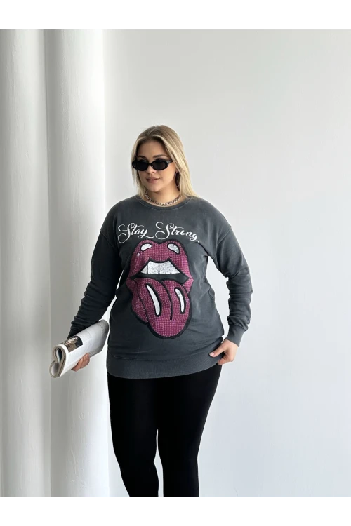 Büyük Beden Bisiklet Yaka Baskılı Pul Detaylı Yıkamalı Sweatshirt 301252