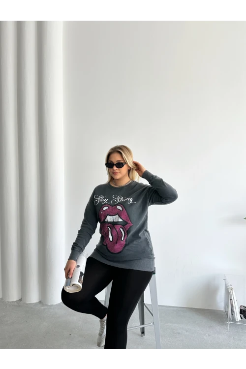 Büyük Beden Bisiklet Yaka Baskılı Pul Detaylı Yıkamalı Sweatshirt 301252