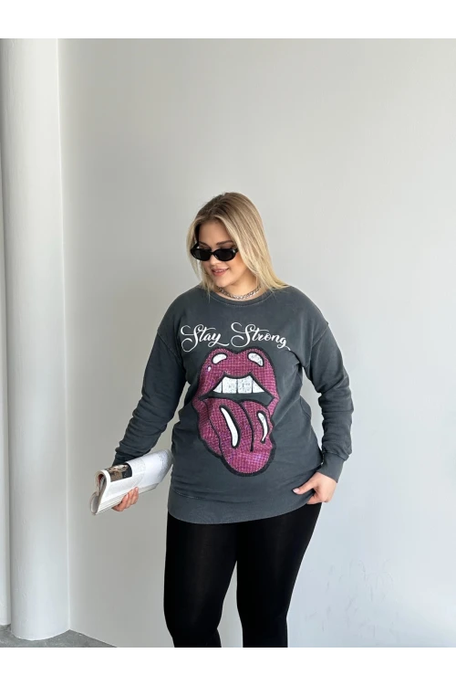Büyük Beden Bisiklet Yaka Baskılı Pul Detaylı Yıkamalı Sweatshirt 301252