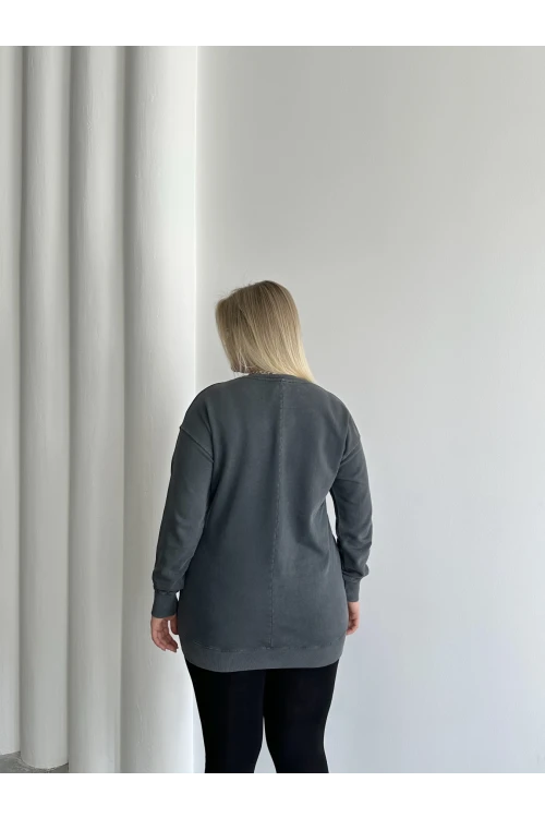 Büyük Beden Bisiklet Yaka Baskılı Pul Detaylı Yıkamalı Sweatshirt 301252