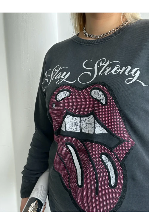 Büyük Beden Bisiklet Yaka Baskılı Pul Detaylı Yıkamalı Sweatshirt 301252