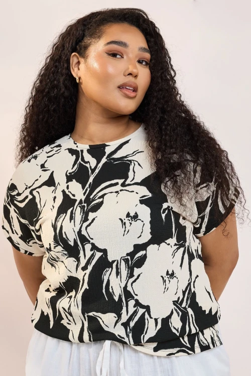 Büyük Beden Bisiklet Yaka Bürümcük Kumaş Baskılı T-shirt 304115