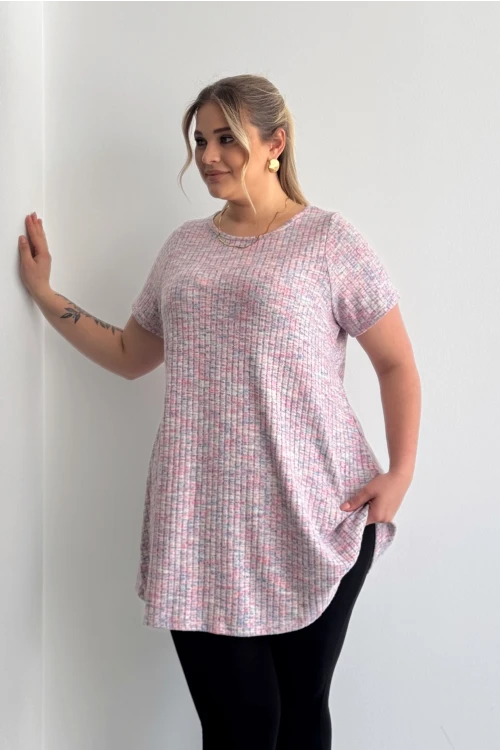 Büyük Beden Bisiklet Yaka Kısa Kollu Fitilli Kırçıllı Bluz 101-29