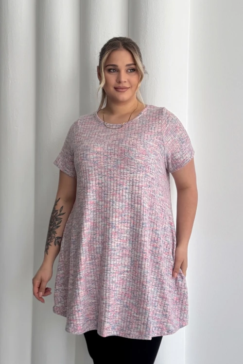 Büyük Beden Bisiklet Yaka Kısa Kollu Fitilli Kırçıllı Bluz 101-29