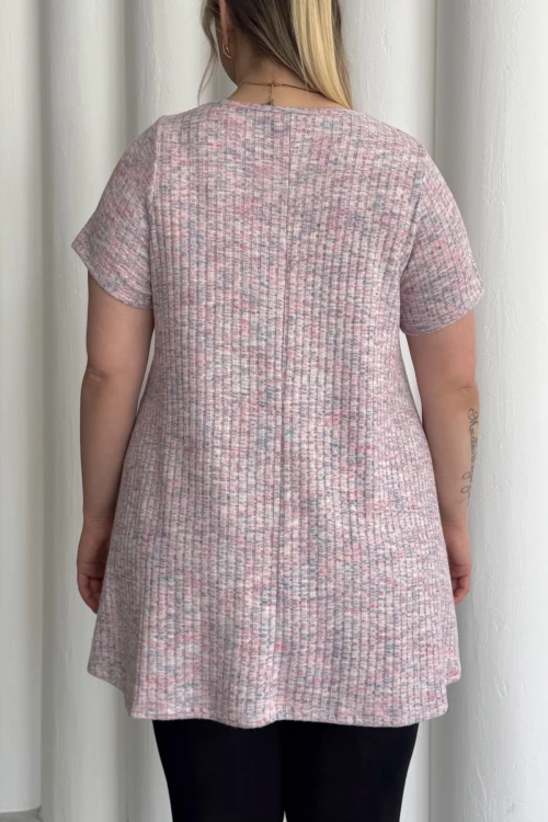 Büyük Beden Bisiklet Yaka Kısa Kollu Fitilli Kırçıllı Bluz 101-29