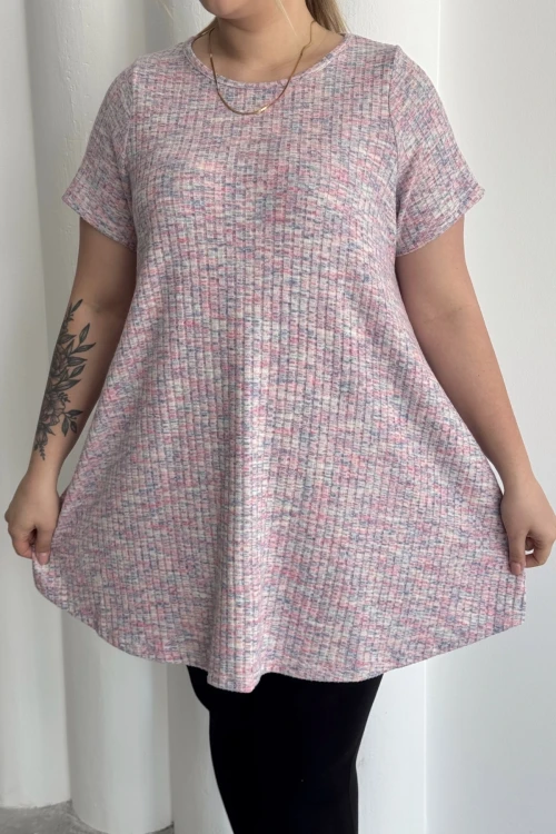 Büyük Beden Bisiklet Yaka Kısa Kollu Fitilli Kırçıllı Bluz 101-29