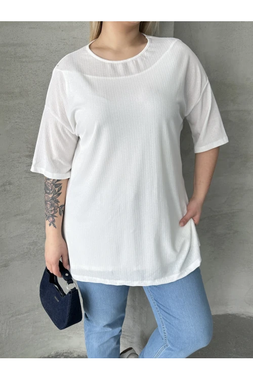 Büyük Beden Bisiklet Yaka Kısa Kollu Yanları Yırtmaçlı Astarlı Bluz 303434