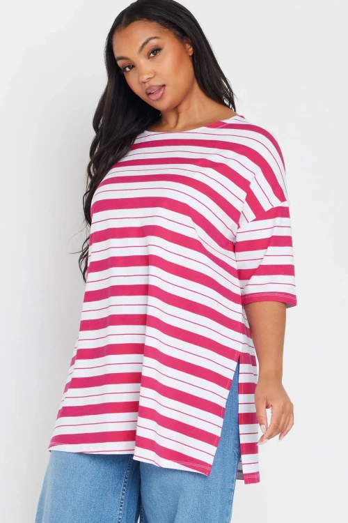 Büyük Beden Bisiklet Yaka Kısa Kollu Yanları Yırtmaçlı Çizgili T-shirt 303945