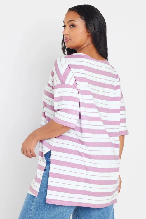 Büyük Beden Bisiklet Yaka Kısa Kollu Yanları Yırtmaçlı Çizgili T-shirt 303944