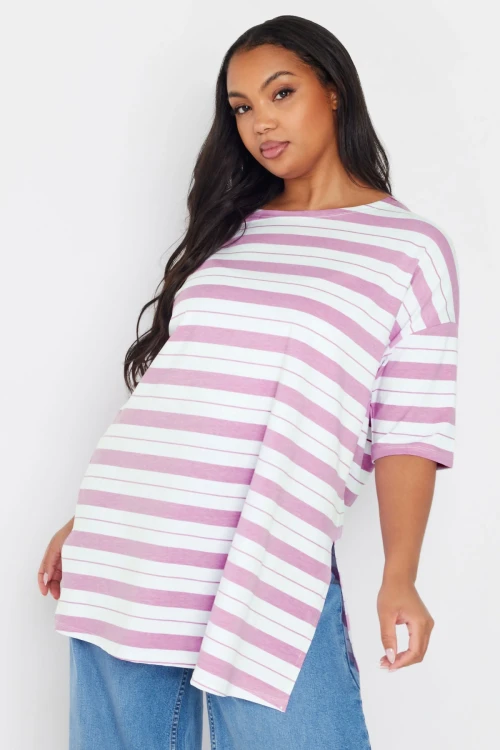 Büyük Beden Bisiklet Yaka Kısa Kollu Yanları Yırtmaçlı Çizgili T-shirt 303944