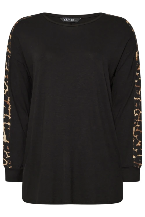 Büyük Beden Bisiklet Yaka Uzun Kolları Leopar Desenli Bluz 303723