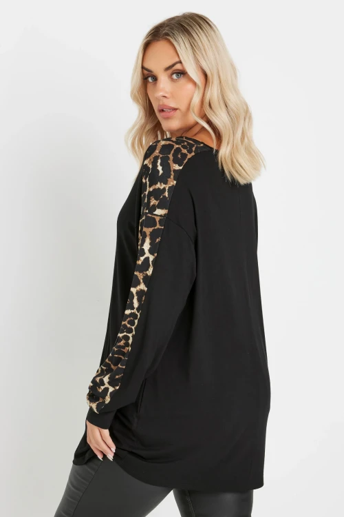 Büyük Beden Bisiklet Yaka Uzun Kolları Leopar Desenli Bluz 303723