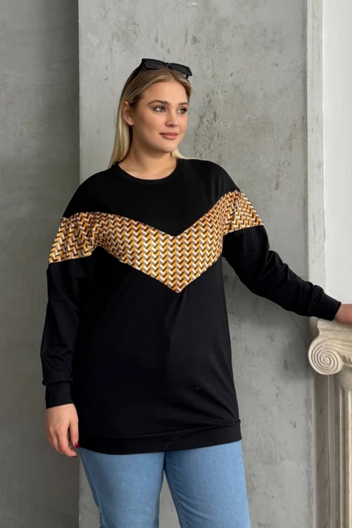 Büyük Beden Bisiklet Yaka Uzun Kollu Desenli Sweatshirt 300334