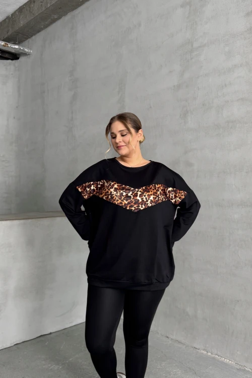 Büyük Beden Bisiklet Yaka Uzun Kollu Leopar Desenli Sweatshirt 300335