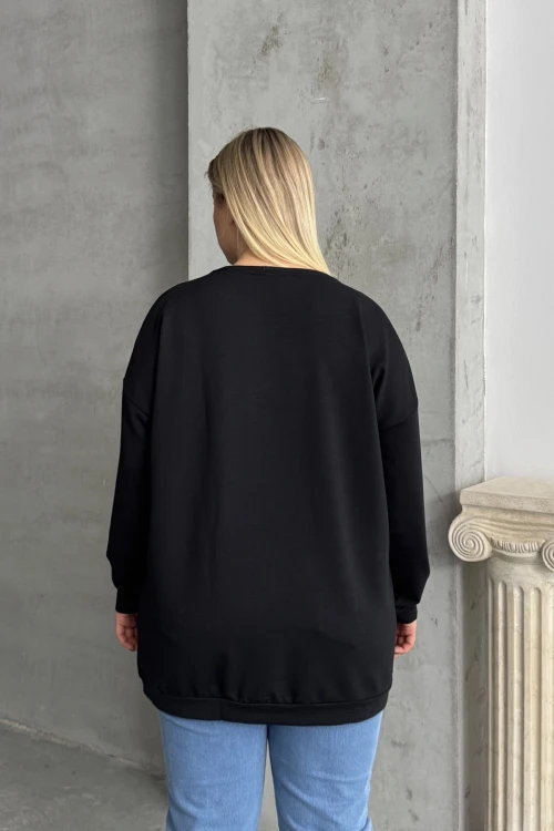 Büyük Beden Bisiklet Yaka Uzun Kollu Leopar Desenli Sweatshirt 300281