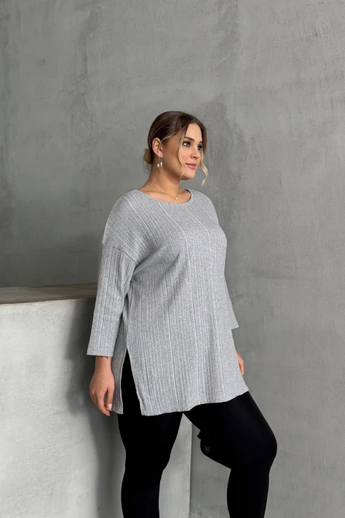 Büyük Beden Bisiklet Yaka Yarım Kollu Yırtmaçlı Fitilli İnce Bluz 173712