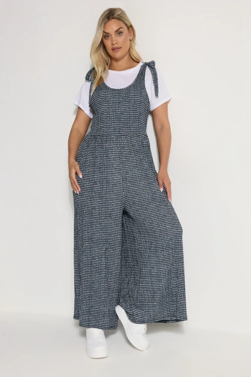 Büyük Beden Bol Paça Askıları Bağlamalı Kare Desenli Maxi Tulum 160362