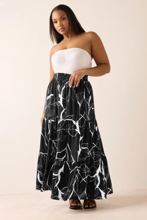 Büyük Beden Bürümcük Kumaş Çiçek Desenli Beli Lastikli Etek 304235