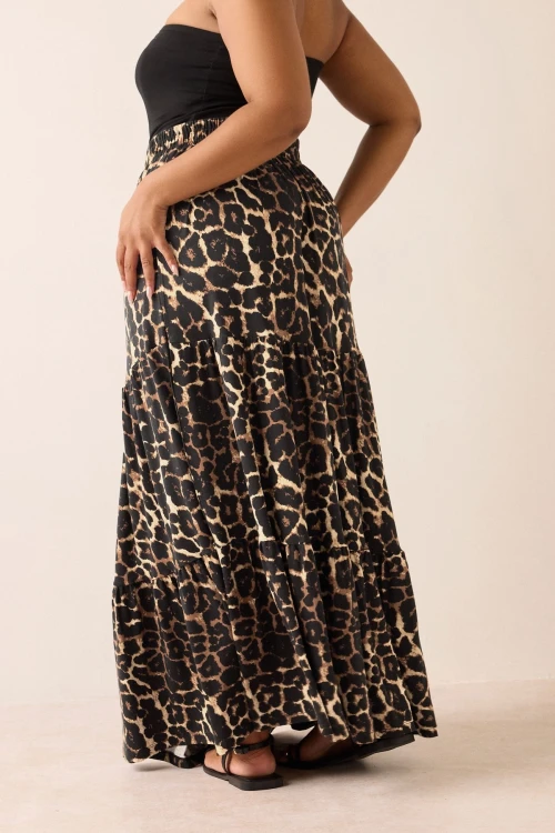 Büyük Beden Bürümcük Kumaş Leopar Desenli Beli Lastikli Etek 304237