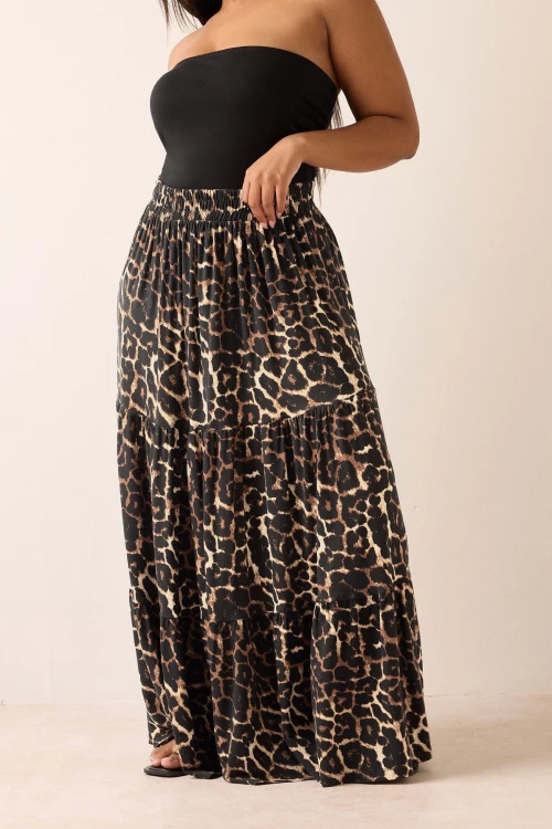 Büyük Beden Bürümcük Kumaş Leopar Desenli Beli Lastikli Etek 304237