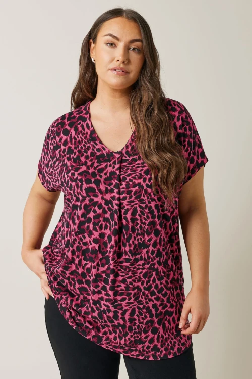 Büyük Beden Çentik Yaka Kısa Kollu Leopar Desenli Bluz 615606